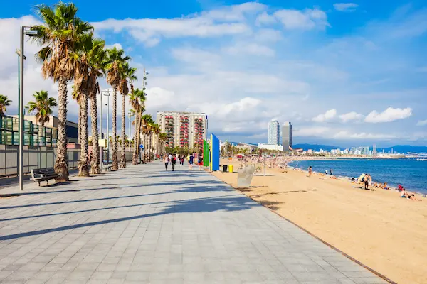 Plaja Barceloneta din Barcelona cu palmieri si promenada pe malul marii Spania